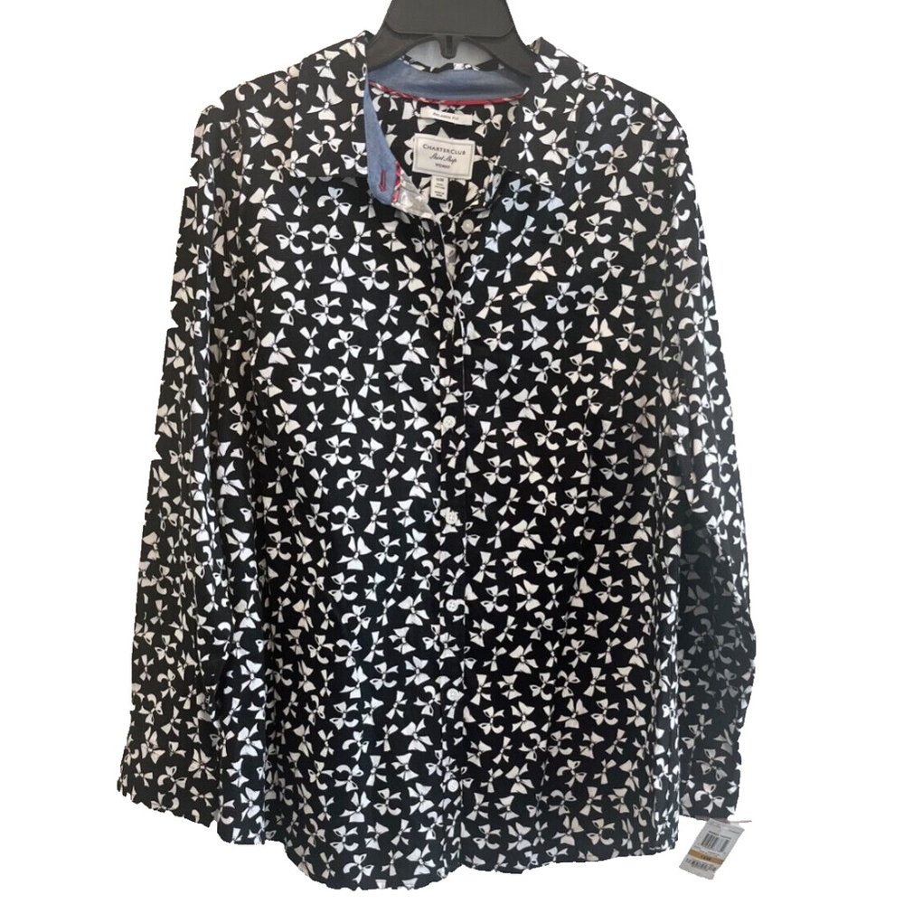 NWT Charter Club Women's Black/White Bow Print Button Front Shirt Plus Size 16W